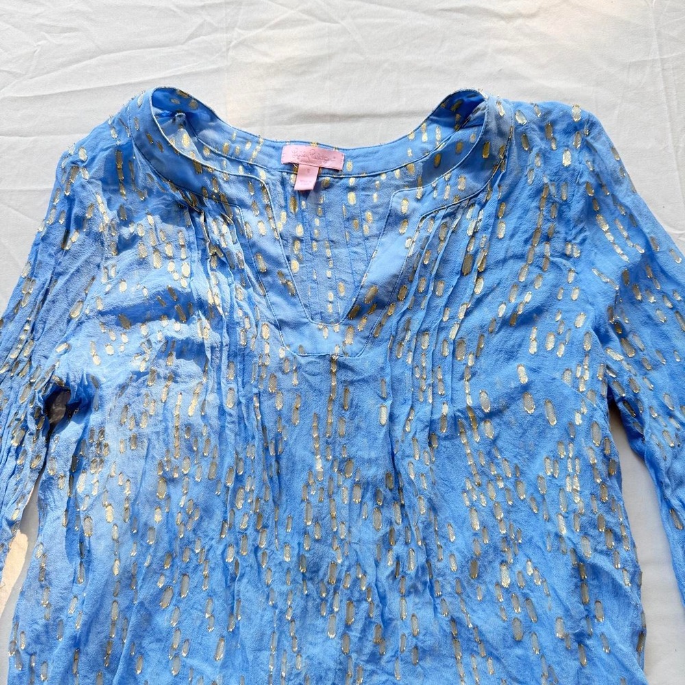 Lilly Pulitzer Women's Small Blue Silk Metallic Gold Sheer Blouse